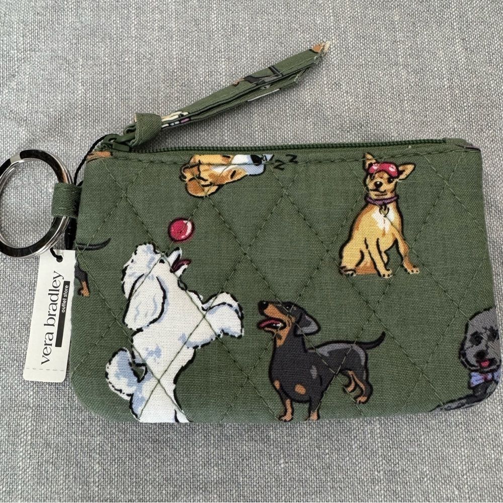 Vera Bradley Dog Park Green Zip ID Case Keychain
